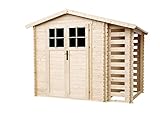 TIMBELA M386F+M386G Holzhaus Gartenhaus mit Brennholzschuppen - Hochwertige abschließbare Tür - Gartenschuppen Holz mit Boden Imprägnierte B272xL206xH218 cm/ 3,53 + 0,97 m2 Lagerschuppen für G