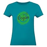 Shirt-Panda Damen Fun T-Shirt · Vegan Button · Frauen Veggie Statement Motto Shirt · Lustiges Funshirt für Veganer und Vegetarier · 100% Baumwolle · fair und nachhaltig · Türkis L