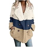 EMATOP Damen Revers Mantel Winter Plüschmantel Lässiger Langarm Parka Jacke Farbblock Winterjacke mit Tasche Softshelljacke Elegant Langarmshirt Weich Bequemes Oberteil Locker Sweatjacke Outw