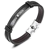 MeMeDIY Name Armband Personalisierte Armbänder für Frauen Armbänder für Jungen Männer Mädchen Edelstahl Echtes Leder Gravur Geflochtene Manschette Einstellbar (Schwarz Etikett)
