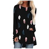 Damen Longshirts Lässiges Feder Bedrucktes Langarm Loses T-Shirt Oberteile O-Ausschnitt Sweatshirt Pullover Tops Elegant Frühling und Herbst Frauen Langarm Tunika Bluse Shirt Long Top