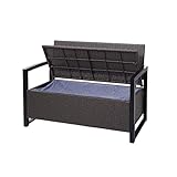 Mendler Poly-Rattan 2er Sitzbank HWC-F39, Gartenbank Truhenbank, Staufach Aufbewahrung Sitzkissen - grau-meliert, Kissen grü