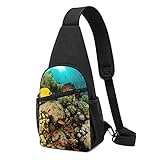 Sling Rucksack Underwater World HD Fish Sling Bag Crossbody Schultertasche Reise Wandern Brusttasche Daypack, Schwarz , Einheitsgröße,