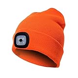 PRAVETTE Strickmütze mit Licht, Unisex-Winterwärmer-Strickkappe, USB Nachladbare LED Mütze Hut, Hands Free Scheinwerfer Cap -Abnehmbar Waschbar und dimmbar für Jogging, Camping, Grillen-Orang