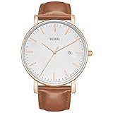 BUREI Stilvolle Minimalistische Ultra Slim Herren Uhr Weiß Datum Großes Gesicht Armbanduhr mit Braun Armb