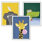 Close Up Kinderzimmer Poster Afrika 3er-Set (30 x 40 cm | 11,8x15,7') Babyzimmer Deko Bilder, Tiere Kunstdruck - Elefant, Giraffe & Krok