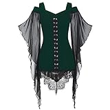 Damen Gothic Cosplay Kleid,A-Line Ärmellose Kleid Cocktail Party Kleidung,Übergroßes Mesh Mittelalter Kostüm Punk Karneval Steampunk Schnürung Rückenfrei Schnürkleid mit Schmetterlingsärmeln Hallow