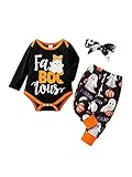 I3CKIZCE 3 Teile Baby Halloween-Kostüme Set Kleinkind Mädchen Langarm Rundhalsausschnitt Strampler + Lange Hosen + Neugeborene Stirnband Baby Herbst/Winter Wärmeset (9-12 Monate,Schwarz)