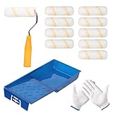 SUNYOK Mini Farbroller Set mit 10 Pcs Faser Farbroller Hülle Kunststoff Farbwanne Rollrahmen Nylonhandschuhe zum Malen an Wänden und Deck