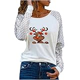 Langarmshirt Damen Langarm Solide Shirts Spitze V-Ausschnitt Sweatshirt Lange Oberteile Casual Lose Langarm Pullover Mond Skelett Druck Jumper Bluse Tops Elegant Streetwear Herbst W