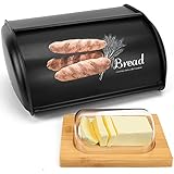 Beyoung Brotkasten für Küchentheke, Roll-Top-Brotkasten Aufbewahrungsbehälter aus Edelstahl, Brotkasten für Küche, Metall-Brotkasten, Brotaufbewahrung (schwarz + Butterdose)