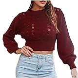 Damen Langarm Einfarbig Strickpullover Sexy Sweatshirt Oberteile T-Shirt Crop Top Shirts Schick Bluse Streetwear Vintage 90Er Strickwaren Pullunder Casual Tanktop Elegant Basics Pulli Kurzp