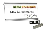 10 Aluminium Namensschilder magnetisch für Kleidung zum Anstecken Komplettset NMSG Silber Alu Namensschild beschriften 3er Magnet Clip Nadel Papier Drucketiketten A4 Magnetnamensschild bedrucken 72x32