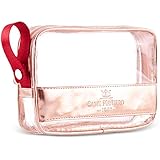 Saint Maniero ® Design Kulturbeutel transparent für Handgepäck Flüssigkeiten – größtmögliches Volumen für Security Check – veganes Leder – mehr Ordnung durch flachen Boden und Henkel (Rosegold)