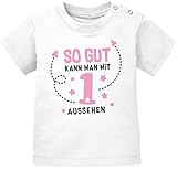 MoonWorks® Baby T-Shirt 1. Geburtstag Spruch so gut kann Man mit 1 BZW 2 Aussehen Geburtstagsshirt Kurzarm Bio-Baumwolle 1 weiß-rosa 68/74 (4-9 Monate)