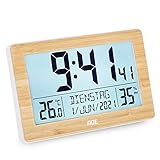 ADE digitale XL-Funkuhr CK2113 Wand-Uhr schmaler Rahmen aus echtem Bambus, Tisch-Uhr mit Dual-Alarm, Thermometer/Hygrometer, LCD-Display mit Beleuchtung, hochwertiger ABS-Kunststof in weiß