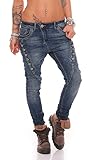 Fashion4Young MOZZAAR Damen Jeans Röhrenjeans Haremshose Hüftjeans Baggy Haremsjeans Boyfriend (M=38, 10784-Dunkelblau)