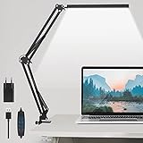 Schreibtischlampe LED Tischlampe Bürolampe Metall Schwenkarm Architektenlampe mit Stufenloses Dimmen, einstellbare Farbtemperaturen, Augenschutz Speicherfunktion, USB Adapter, 12W