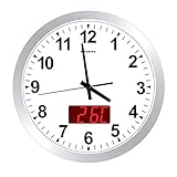 KWANWA Runde 30,5 cm analoge Wanduhr mit 3,1 cm LED-Zeit- oder Temperaturanzeige, batteriebetrieben, nicht tickend, Metallrahmen (Silber, 30,5 cm)