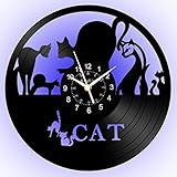 Digitale Wanduhr, Motiv: niedliche Katze, Vinyl-Schallplatte, kreative Wanduhren, 7 Farben, Nachtlicht, dek