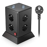 8 Fach Steckdosenleiste mit USB，Mehrfachsteckdose mit 8 USB Anschlüssen, 8 Steckdosen und 2 Schalter, Steckdosenleiste Überlastungsschutz Steckdosenturm für Heim und Zuhause Büro, Schwarz, 2M Kab