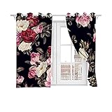 LucaSng 3D Digitaldruck Vorhang Blickdicht Gardinen 280x295 CM Schwarzer Hintergrund Rot Weiß Blumen Pflanzen Polyester Kinderzimmer Badezimmer Vorhänge Fenster Behandlungen 2 Stück Set Beschattung W