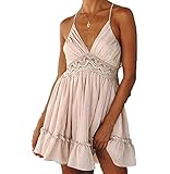 XYJD FrüHling Und Sommer Frauen Casual Hedging Mode Sexy V-Ausschnitt Einfarbig Spitze NäHte äRmellose Taille Lose Sling Kleid F