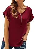 Cassiecy Bluse Damen Chiffon Elegant V-Ausschnitt Reißverschluss Tunika Oberteile Langarmshirts Casual T-Shirt Tops (S, A-Weinrot)