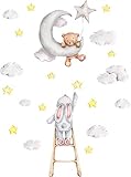 Szeridan D307 45 x 60 cm Teddybär auf dem Mond Kaninchen auf der Leiter Wolken Sterne Tiere Himmel Wandtattoo Babyzimmer Wandsticker Aufkleber Deko für Kinderzimmer Baby Kinder D307 (XXS - 45 x 60 cm)