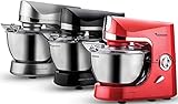 TurboTronic / Küchenmaschine ProMix / 2000W / rot, silber, schwarz / 5L XXL Edelstahl-Rührschüssel mit Spritzschutz, Knetmaschine mit Rührbesen, Knethaken, Schneebesen schwarz (Silber)