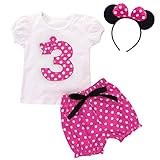 Kleinkinder Mädchen 3 Jahre Dritter Geburtstag Party Minnie Kostüm Outfit Retro Gepunktet Sommer Kurzarm Top T Shirt + Shorts Kurze Hosen + Ohr Stirnband 3tlg Bekleidungsset Rose 3. Geburtstag 2-3J