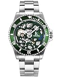 Alienwork Automatikuhr Armbanduhr Herren Damen Silber Edelstahl Metallarmband Grün Skelett Klassik