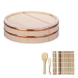 NZKW Hölzerne Sushi Oke Reismischwanne Hangiri Sushi Reisschüssel mit Kupferband, 2X Bambus Rollmatte, 2 Reislöffel,33x7,5