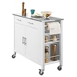 SoBuy FKW108-W Design Küchenwagen mit Edelstahlplatte Kücheninsel mit Seitenregal Küchenschrank Rollwagen Sideboard auf Rollen Küchentrolley Servierwagen Weiß BHT ca.: 107x94x46
