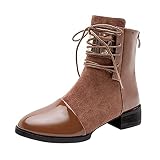Fishoney Frauen Secy Stiefeletten Damen Wildleder Lack Leder Patchwork Elegante Booties Runde Zehen Blockabsatz Kreuz Schnürer Rücken Reißverschluss Schuhe Motorrad Ritter Stiefel, braun, 37.5 EU