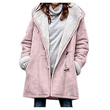 Kavitoz Damen Mantel Plüschjacke Lang Leicht Feecemantel Wintermantel Warm Cardigan Strickjacke Dicke Vintage Hupenknopf Jacke Oversize Kapuzenjacke Winterjacke mit Taschen(Rosa,XXXXL)