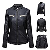 Einfarbig Übergangsjacke Damen Lederjacke Antikleder Rockabilly Retro Biker Leder Jacke Rocker Brandostyle Kurz Schwarz Motorradjacke Outdoorjack