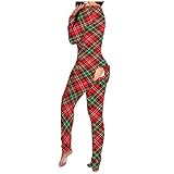 HFStorry Damen Warm Einteiler Schlafanzug Winter Gedruckt Patchwork Langarm V-Ausschnitt Mit Kapuze Overall Pyjamas Kuschelig Knopf Spleißen Onesie Strampler Unterwäsche Thermow