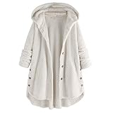 Darringls Plüschjacke Damen Teddy mit Kapuze Lang Grau Weiß für Winter Plüsch Jacke Mantel Fleecejacke Fleecemantel Plüschmantel Kapuzenjacke Wintermantel Herbstmantel Herbstjack