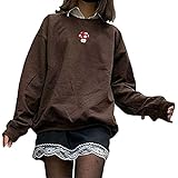 Damen Langarm Pilz Stickerei Y2K Streetwear Sweatshirt T-Shirt Lässig Übergroße Round Neck Pullover Top Vintage Bluse (Braun, S)