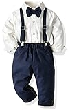 4tlg Baby Jungen Bekleidungssets Anzug Kleid Strampler + hosenträger Fliege Krawatte Anzug Gentleman Festliche Taufe Hochzeit Langarm Baby Kleikind 6 Monate - 6 Jahre (Weiß, 6-12M)