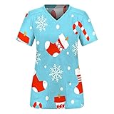 Weihnachten Bunt Drucken Pflege Kasacks Nurse Uniformen Damen V-Ausschnitt Kurzarm Frauen Pflegeuniform T-Shirts Arbeitsuniform Schlupfhemd Arbeitskleidung T-Shirt Schlupfkasack mit T