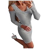 Baiomawzh Damen Elegant Strickkleid Glänzend Pailletten Langarm V-Ausschnitt PulloverKleid Off Shoulder Pullikleid Einfarbig Minikleid Casual Lose Warme Kleid für Herbst W