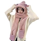Baiyao 3 in 1 Winter Warm Plüsch Hut Schal Handschuhe Set für Frauen Weiche Verdickung Flauschige Plüsch Kapuze Schal Schlauchschal Tasche Hüte Handschuhe, Pk, O