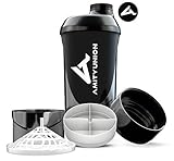 Protein Shaker mit Pulverfach 700 ml von AMITYUNION - Eiweiß Shaker Deluxe auslaufsicher - BPA frei - Sieb Skala für Whey & BCAA Shakes, Gym Fitness Becher für Isolate, Sport Konzentrate - Schwarz Cup