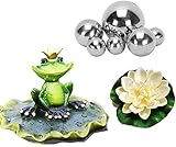 Mini Teich Deko Set Frosch in Blätterteich Illustration mit 6 Schwimmbällen und 2 schwimmenden Lotus 1 Frosch Zinkbadewanne Solarbrunnen Garten Balkon Teichdekoration Froschkönig