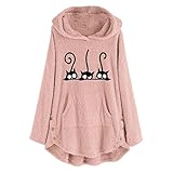 NIUYAN Damen Katzenplüschtop mit einfarbig bedruckter Metallschnalle langärmeliger lässiger Hoodie Damen einfarbig bequemer Kapuzenkatzenplüschtop Pullover Katzenplüschtop mit Taschen M