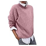 Fenverk 2 in 1 Optik Langarmshirt Damen Langarm Longshirt Casual Rundhals Tunika Top Shirt Lang Pulli Winterpulli Sweater Sweatshirt Winterpullover Elegante Loose Freizeit Pullover(Rosa,XL)