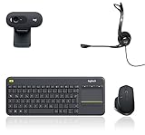 Logitech K400 Plus Kabellose TV-Tastatur mit Touchpad, 2.4 GHz Verbindung via Unifying USB-Empfänger - Grau + Logitech 960 Kopfhörer mit Mikrofon Schwarz + Logitech C505 HD Webcam - G