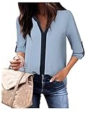 VAFOLY Damen Tops Color Block Bluse 3/4 Rollärmel Arbeitshemd Patchwork V-Ausschnitt Chiffon Tuniken Business Casual Outfit Blau Grau, Groß